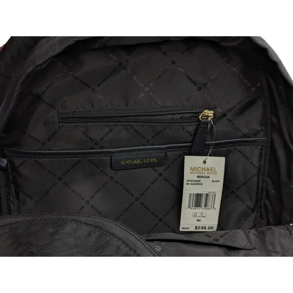 NWT‎ Michael Kors Morgan Medium Black Signature Jacquard & Leather Trim Backpack